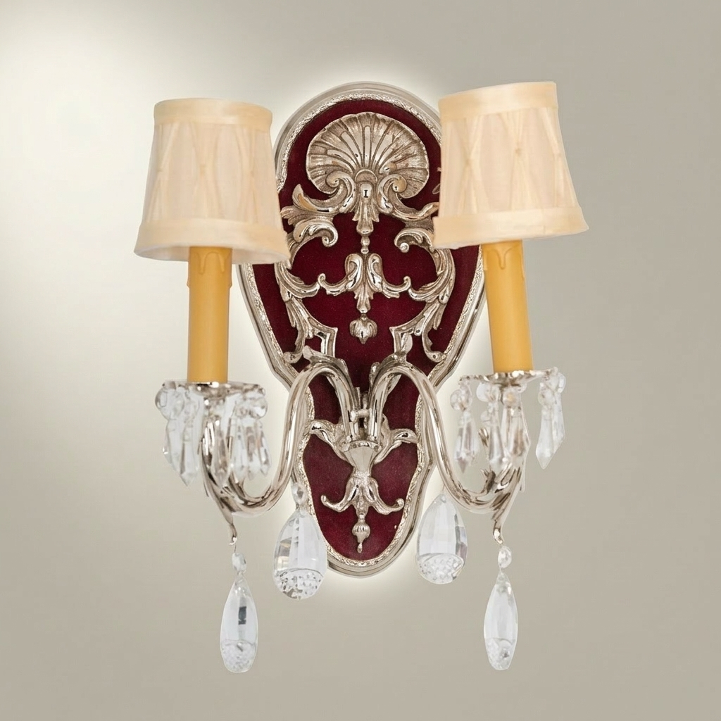 Baroque Rococo Double-Arm Wall Sconce with Crimson Backplate, Crystal Drops & Cream Shades — Silver