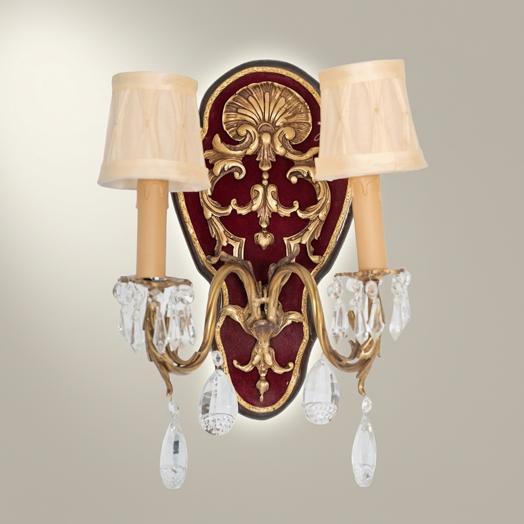 Baroque Rococo Double-Arm Wall Sconce with Crimson Backplate, Crystal Drops & Cream Shades — Antique Gold