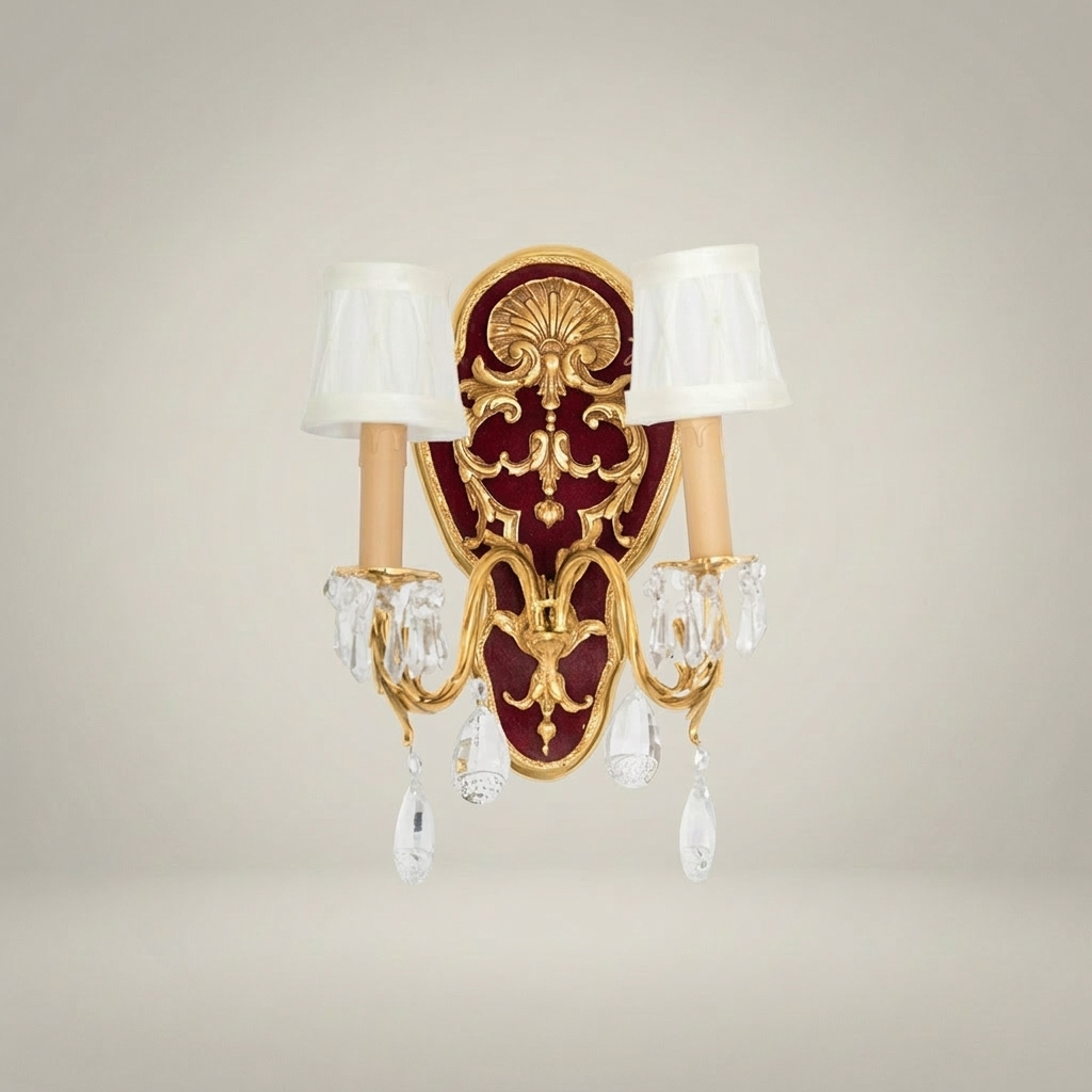 Baroque Rococo Double-Arm Wall Sconce with Crimson Backplate, Crystal Drops & Cream Shades — Gold