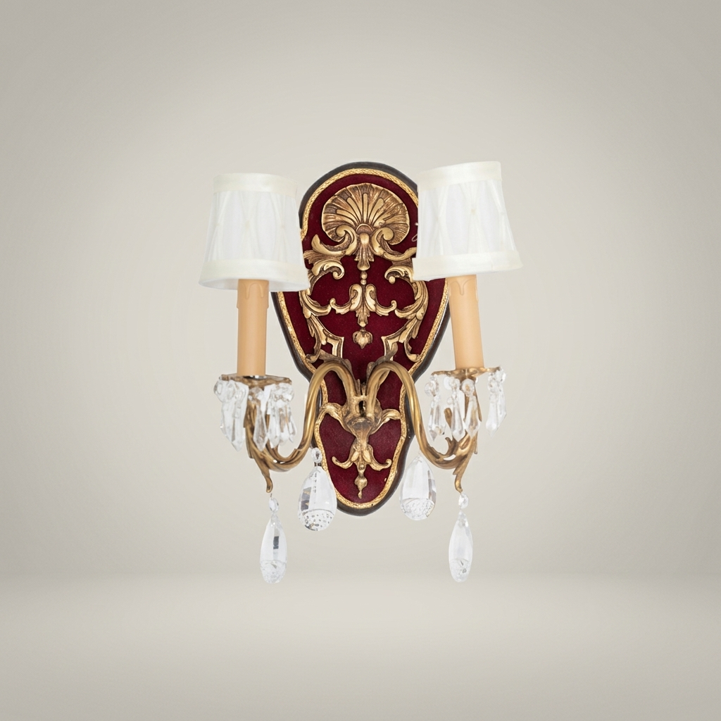 Baroque Rococo Double-Arm Wall Sconce with Crimson Backplate, Crystal Drops & Cream Shades — Antique Gold