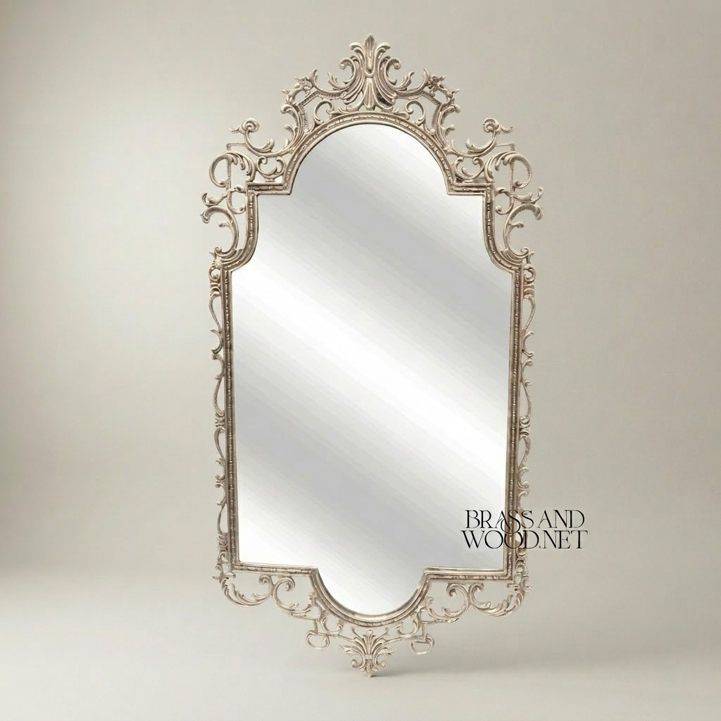Baroque Rococo Hand-Carved Wall Mirror with Open Scrollwork & Acanthus Crown — Silver