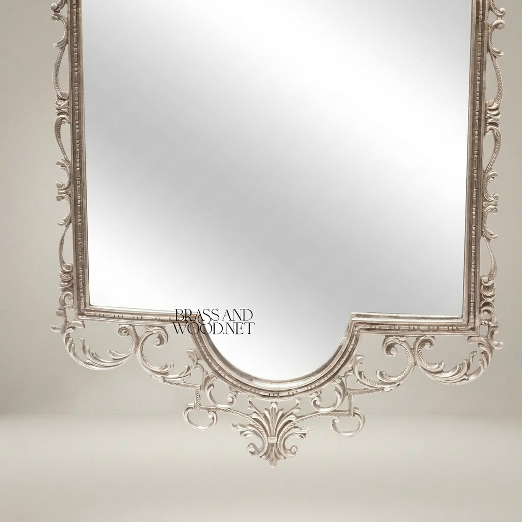 Baroque Rococo Hand-Carved Wall Mirror with Open Scrollwork & Acanthus Crown — Silver