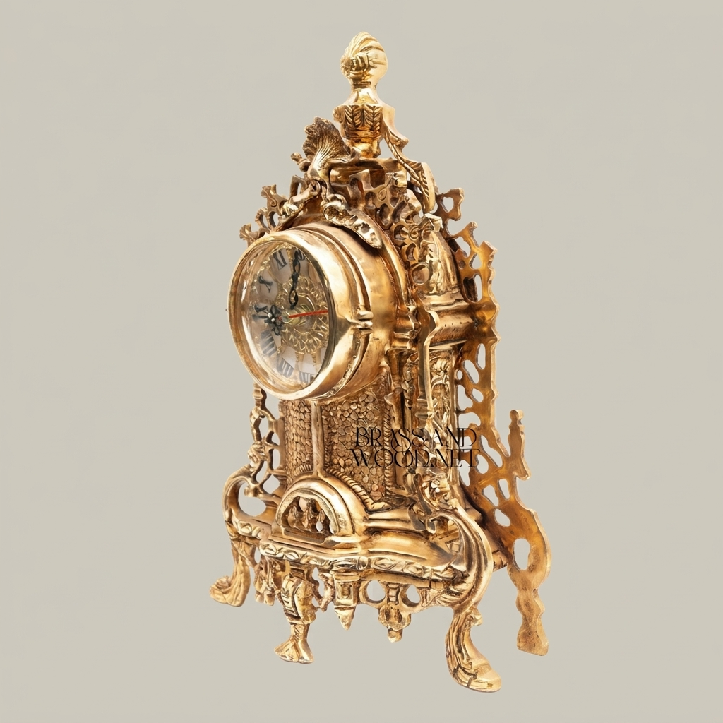 Baroque Rococo Hand-Cast Brass Mantel Clock with Openwork Scrollwork & Shell Finial