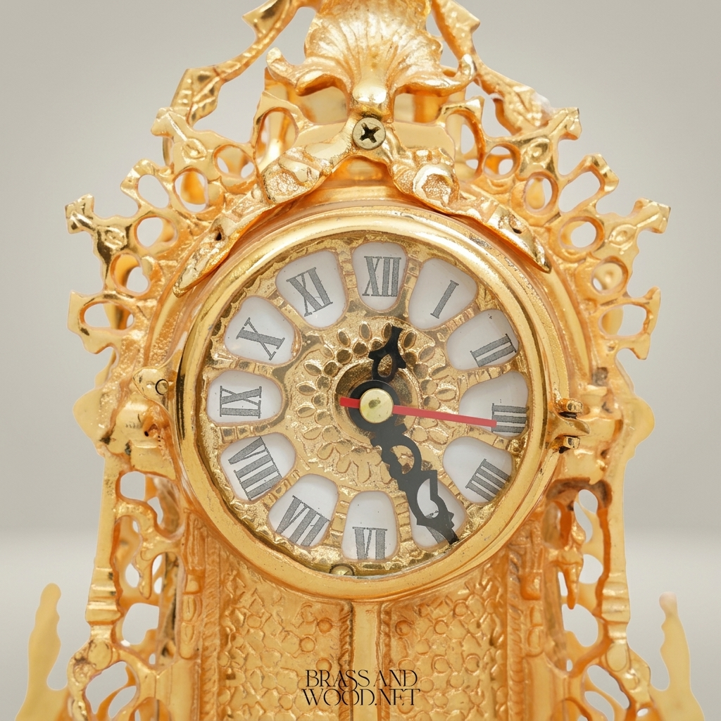 Baroque Rococo Hand-Cast Brass Mantel Clock with Openwork Scrollwork & Shell Finial — Gold