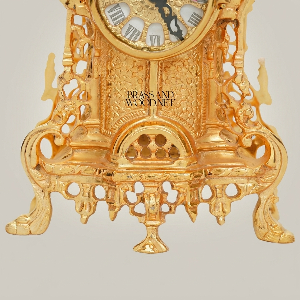 Baroque Rococo Hand-Cast Brass Mantel Clock with Openwork Scrollwork & Shell Finial — Gold