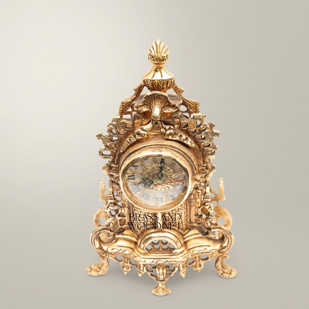 Baroque Rococo Hand-Cast Brass Mantel Clock with Openwork Scrollwork & Shell Finial — Antique Gold