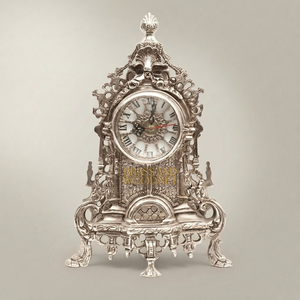 Baroque Rococo Hand-Cast Brass Mantel Clock with Openwork Scrollwork & Shell Finial — Silver