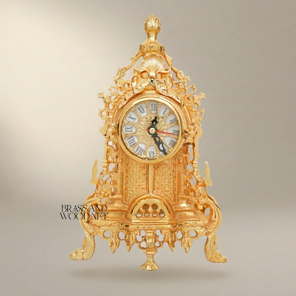Baroque Rococo Hand-Cast Brass Mantel Clock with Openwork Scrollwork & Shell Finial — Gold