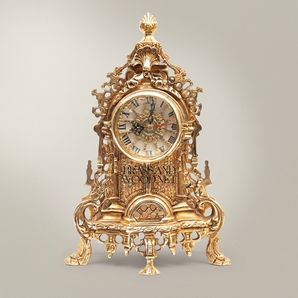 Baroque Rococo Hand-Cast Brass Mantel Clock with Openwork Scrollwork & Shell Finial