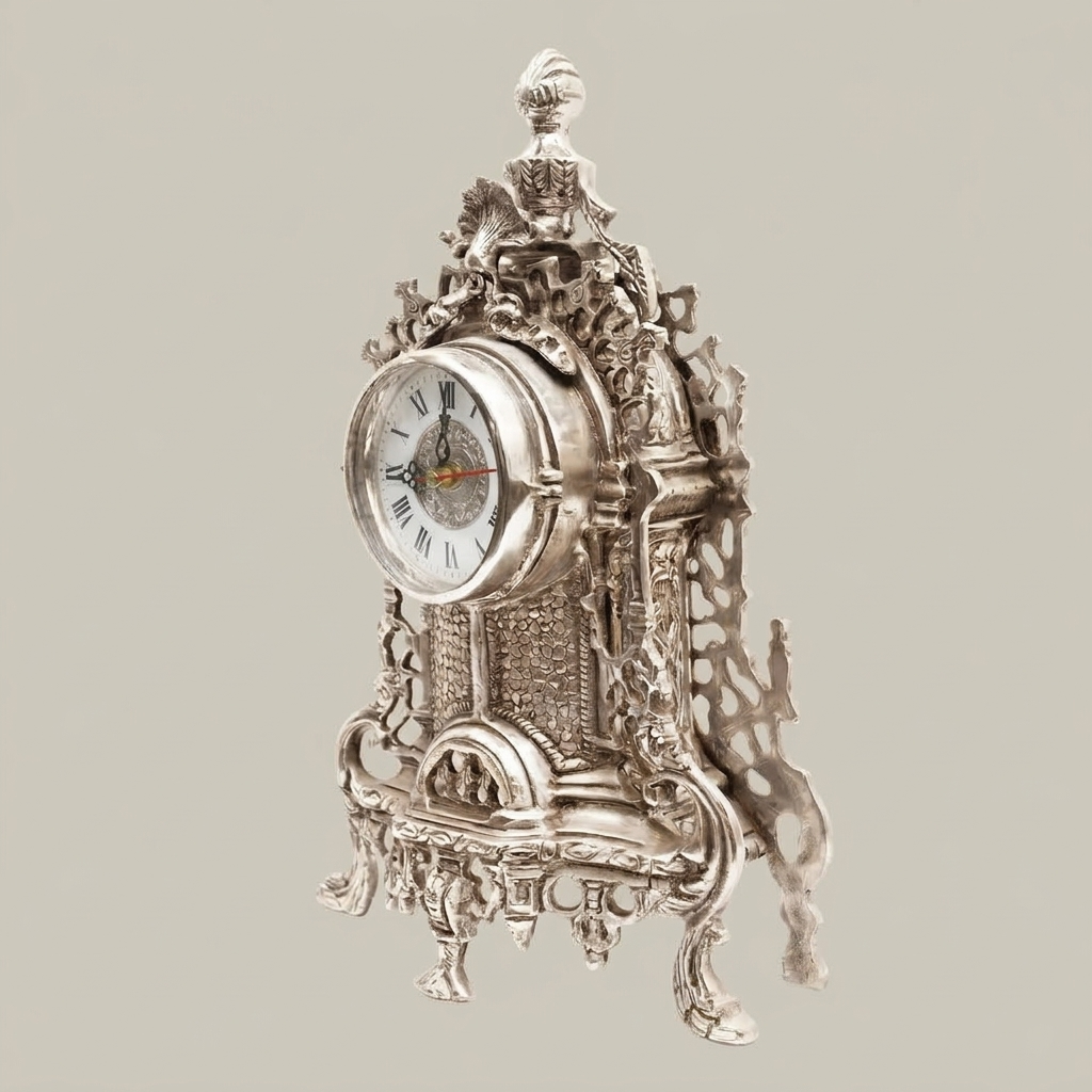 Baroque Rococo Hand-Cast Brass Mantel Clock with Openwork Scrollwork & Shell Finial — Silver