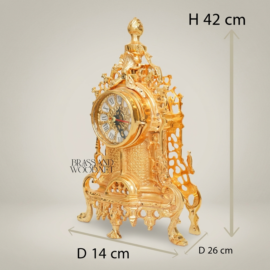Baroque Rococo Hand-Cast Brass Mantel Clock with Openwork Scrollwork & Shell Finial — Gold