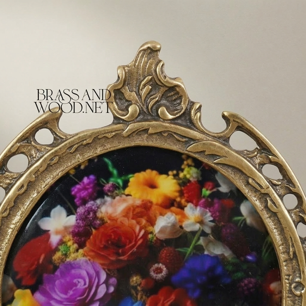 Baroque Rococo Oval Metal Photo Frame with Acanthus Crest & Easel Stand — Antique Gold