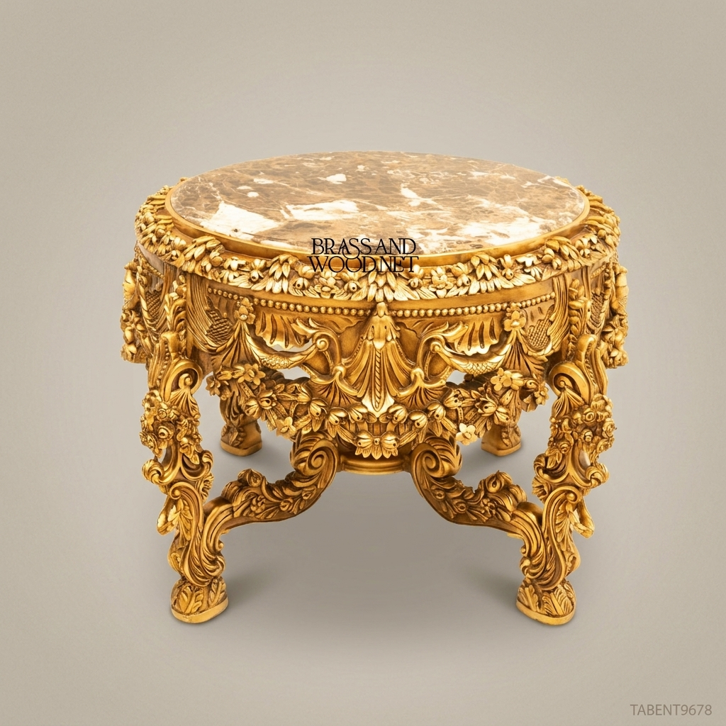Baroque Rococo Round Entryway Table – Gold Leaf & Emperador Marble