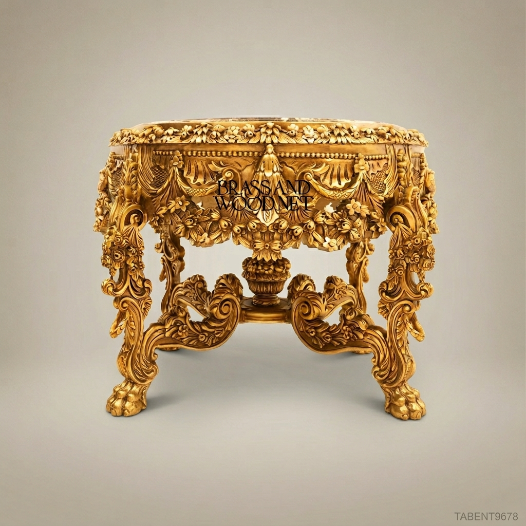 Baroque Rococo Round Entryway Table – Gold Leaf & Emperador Marble