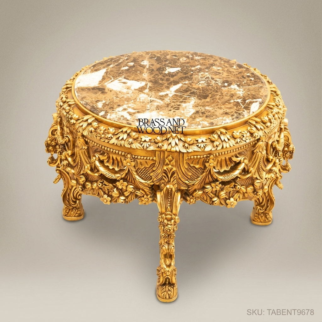 Baroque Rococo Round Entryway Table – Gold Leaf & Emperador Marble