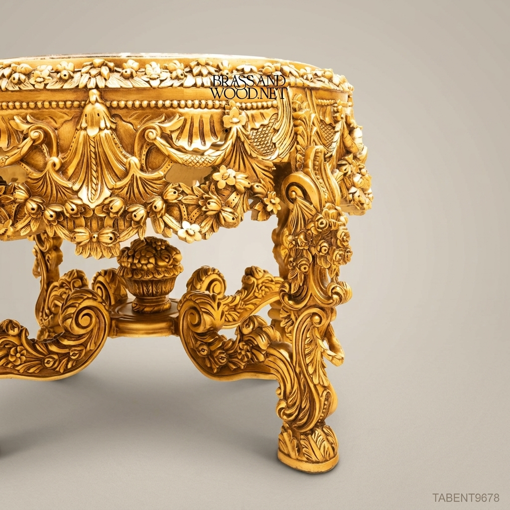 Baroque Rococo Round Entryway Table – Gold Leaf & Emperador Marble