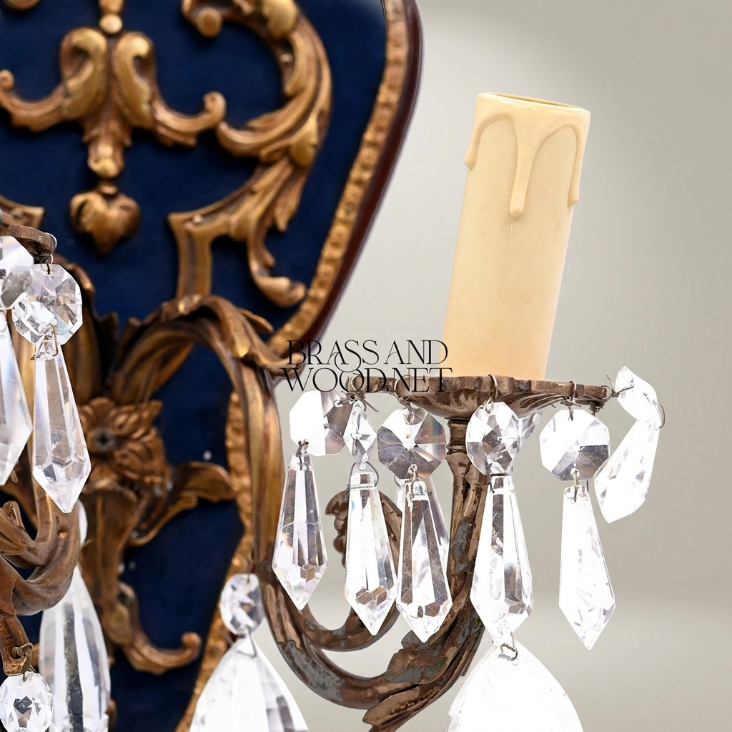 Baroque Rococo Wall Sconce Two-Arm Brass & Crystal with Navy Velvet Backplate — Antique Gold