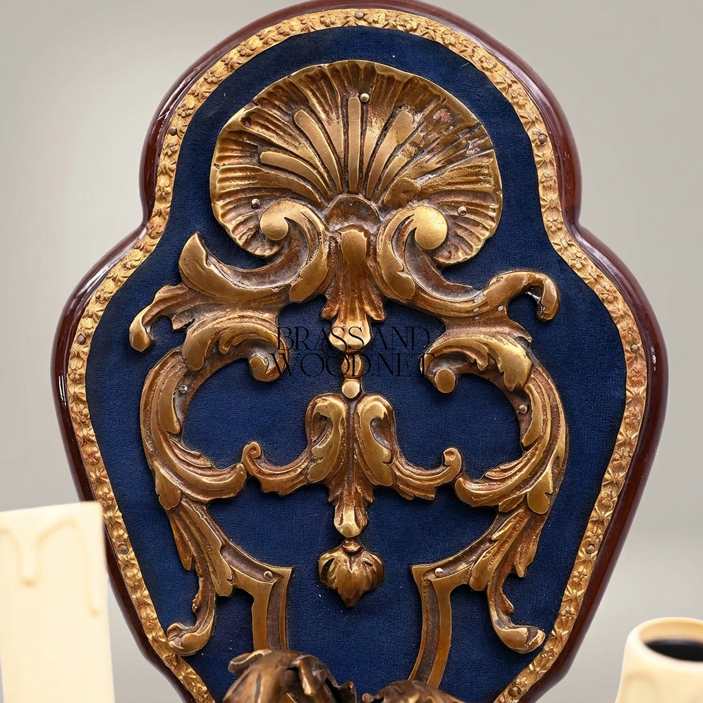 Baroque Rococo Wall Sconce Two-Arm Brass & Crystal with Navy Velvet Backplate — Antique Gold