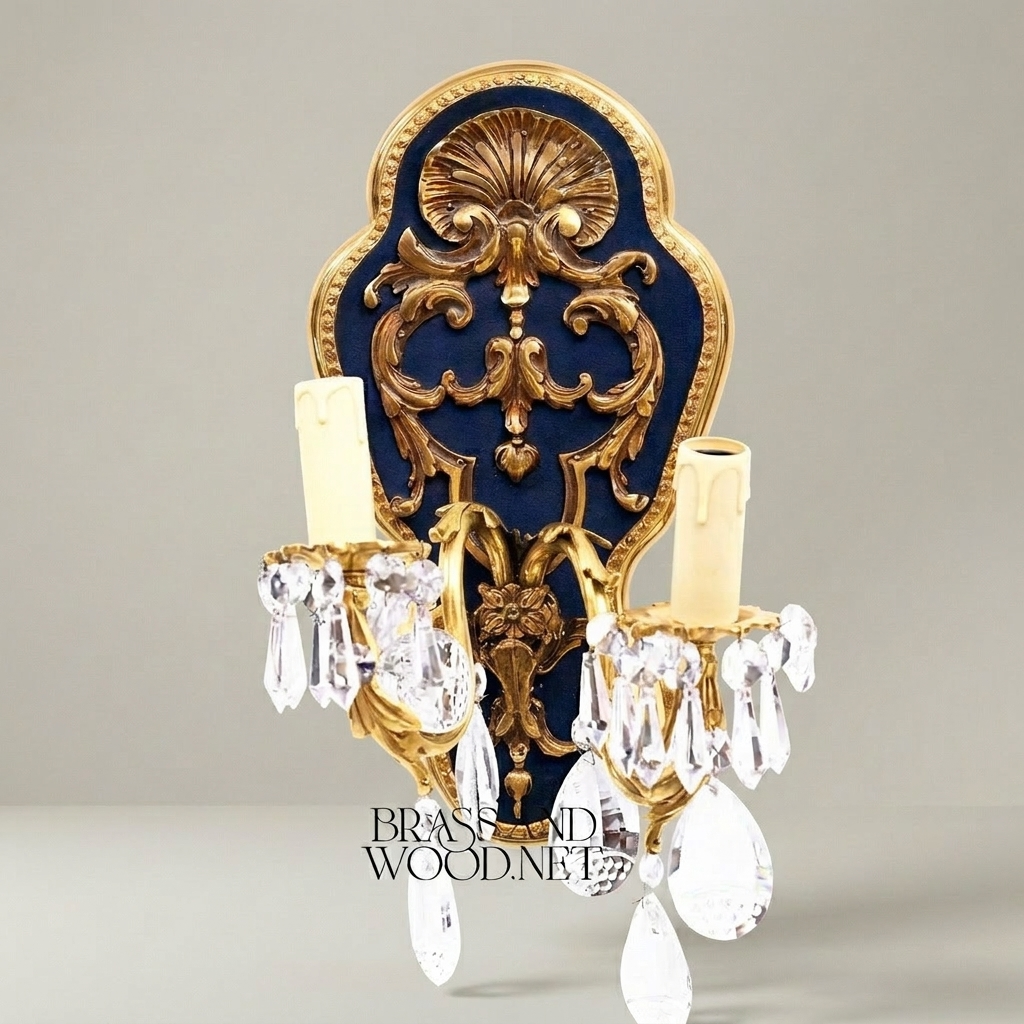 Baroque Rococo Wall Sconce Two-Arm Brass & Crystal with Navy Velvet Backplate — Gold