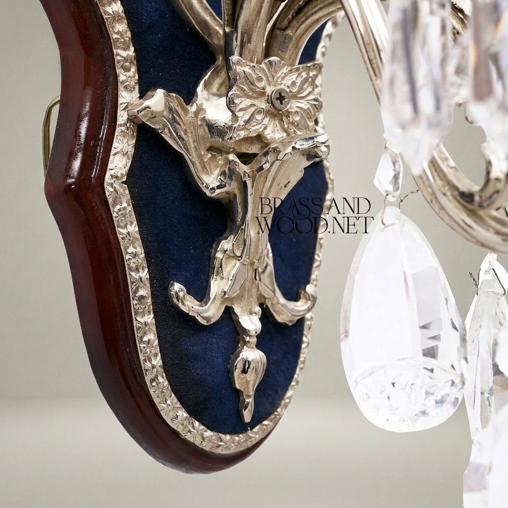 Baroque Rococo Wall Sconce Two-Arm Brass & Crystal with Navy Velvet Backplate — Silver
