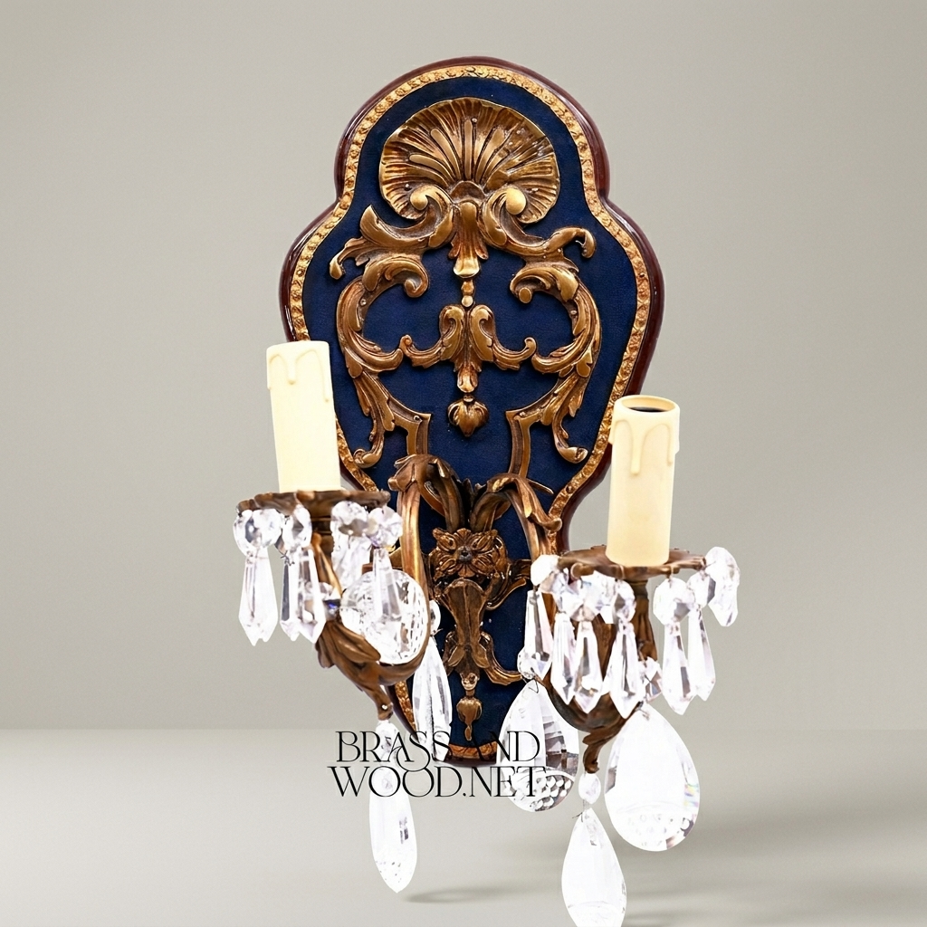Baroque Rococo Wall Sconce Two-Arm Brass & Crystal with Navy Velvet Backplate — Antique Gold