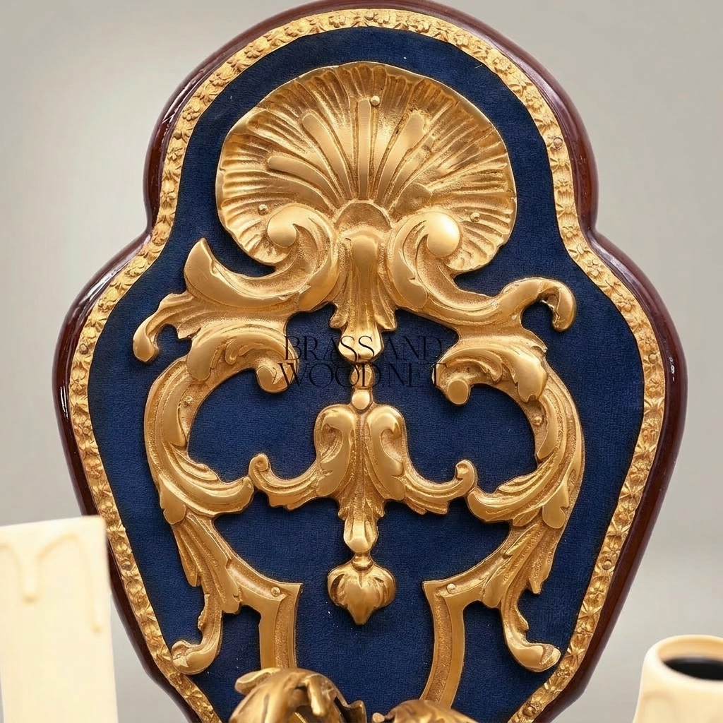 Baroque Rococo Wall Sconce Two-Arm Brass & Crystal with Navy Velvet Backplate — Gold