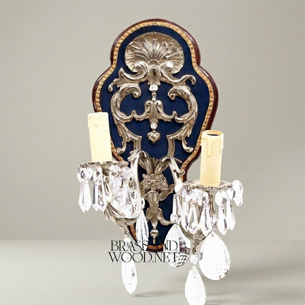 Baroque Rococo Wall Sconce Two-Arm Brass & Crystal with Navy Velvet Backplate — Silver