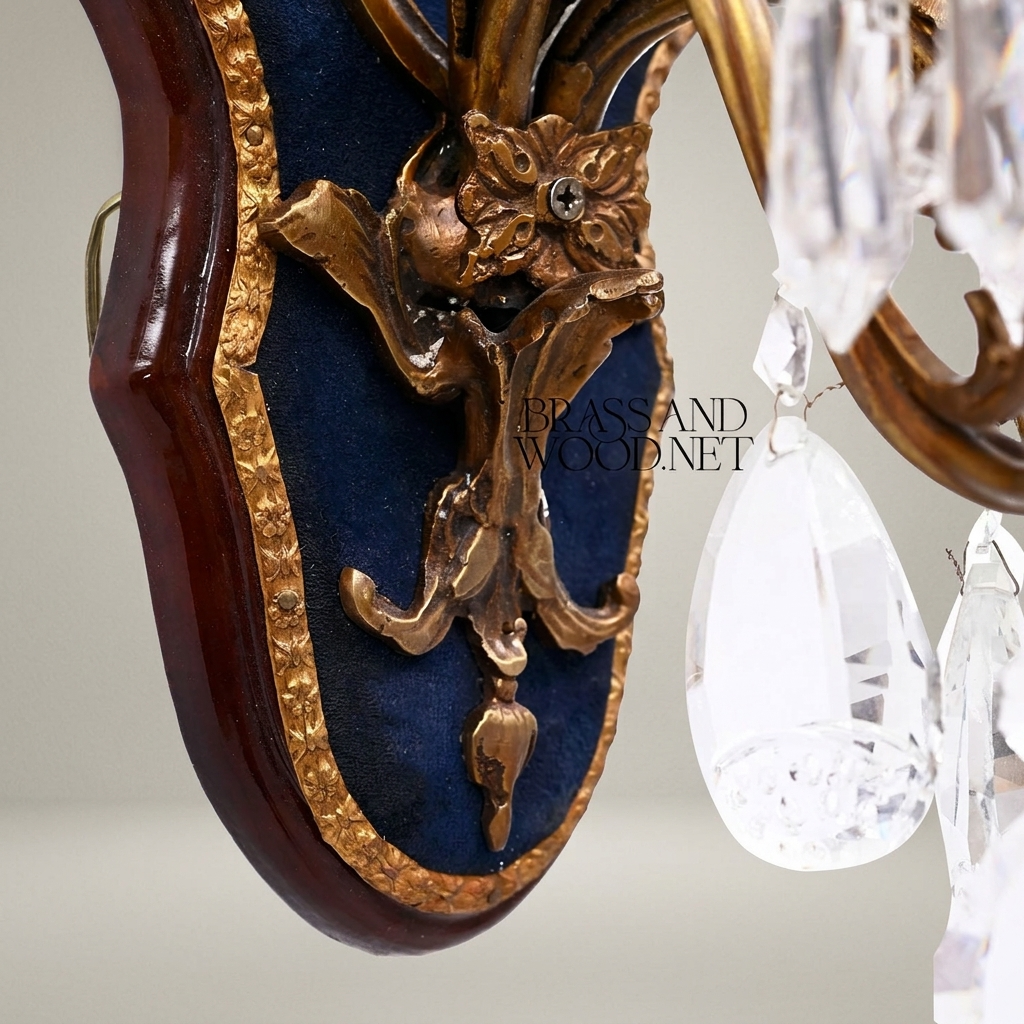 Baroque Rococo Wall Sconce Two-Arm Brass & Crystal with Navy Velvet Backplate — Antique Gold