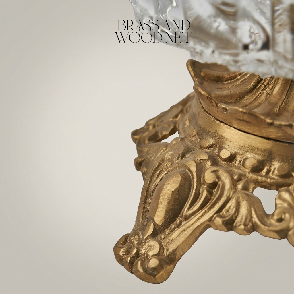 Baroque Scrollwork Brass & Crystal Ashtray with Acanthus Claw-Foot Stand — Antique Gold