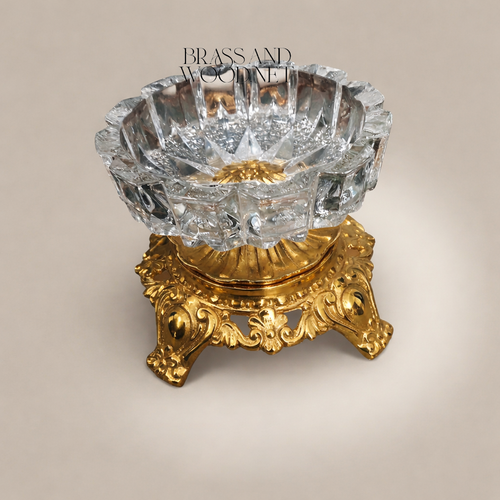 Baroque Scrollwork Brass & Crystal Ashtray with Acanthus Claw-Foot Stand