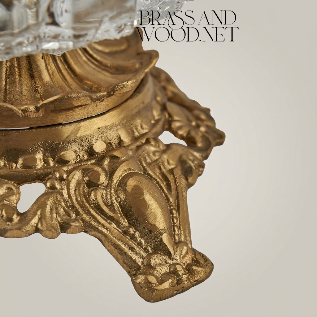 Baroque Scrollwork Brass & Crystal Ashtray with Acanthus Claw-Foot Stand — Antique Gold