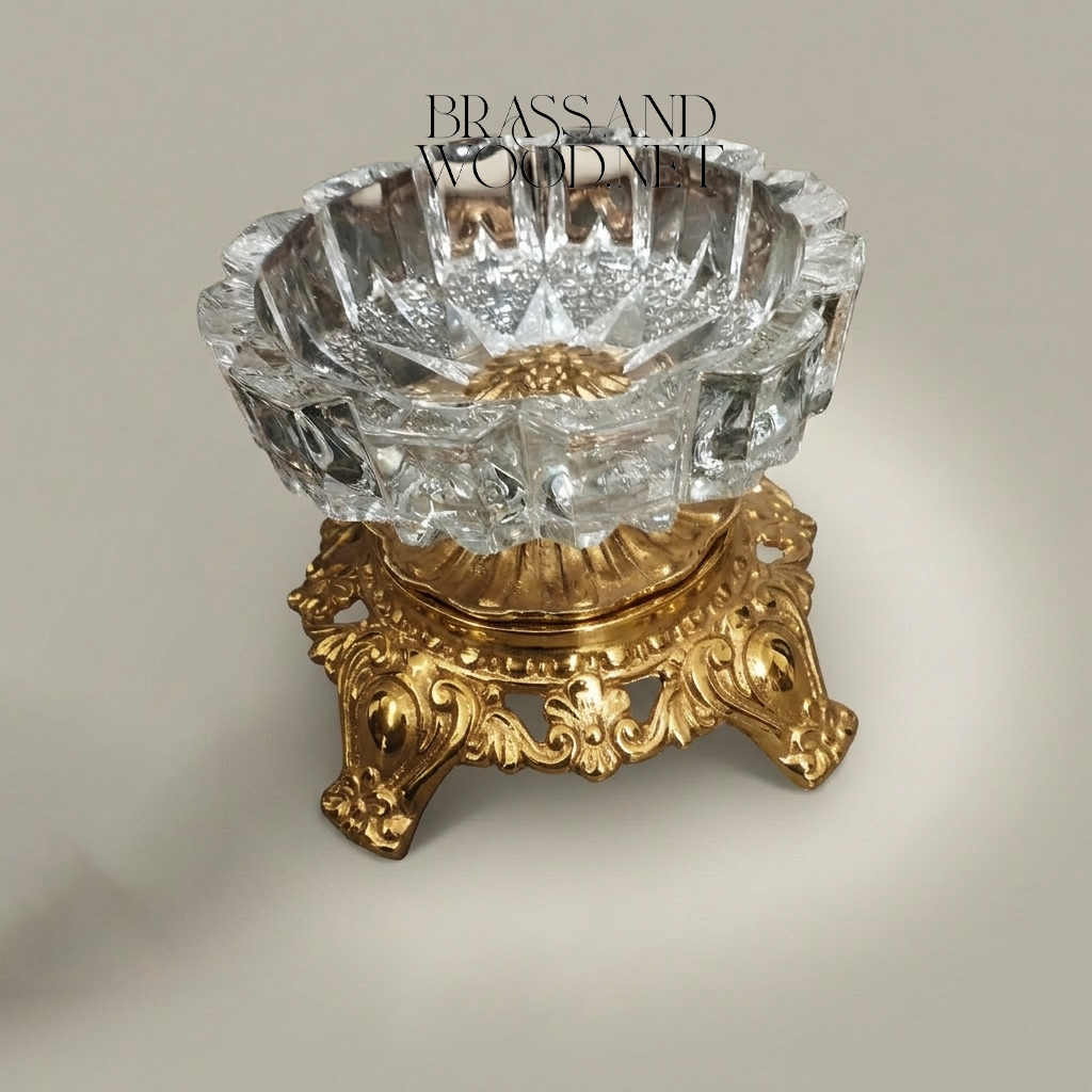 Baroque Scrollwork Brass & Crystal Ashtray with Acanthus Claw-Foot Stand — Gold
