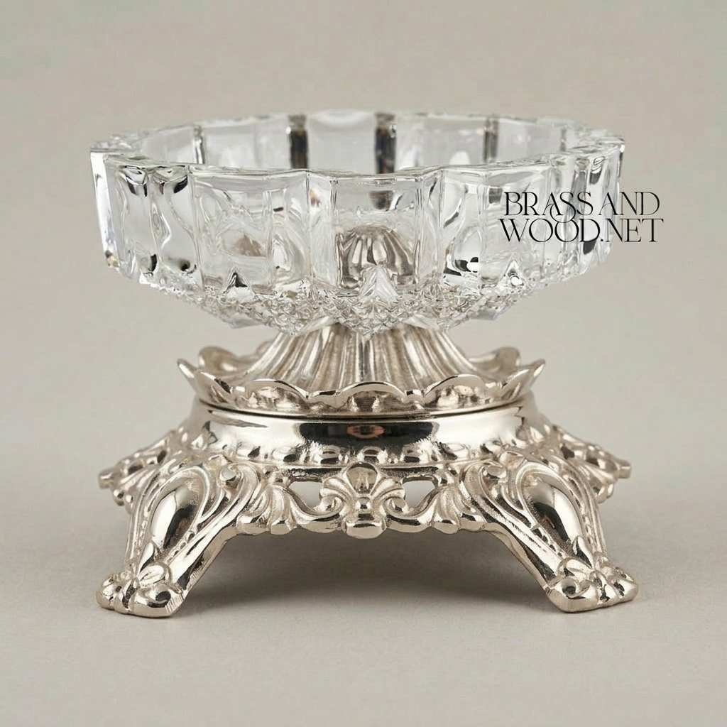 Baroque Scrollwork Brass & Crystal Ashtray with Acanthus Claw-Foot Stand — Silver
