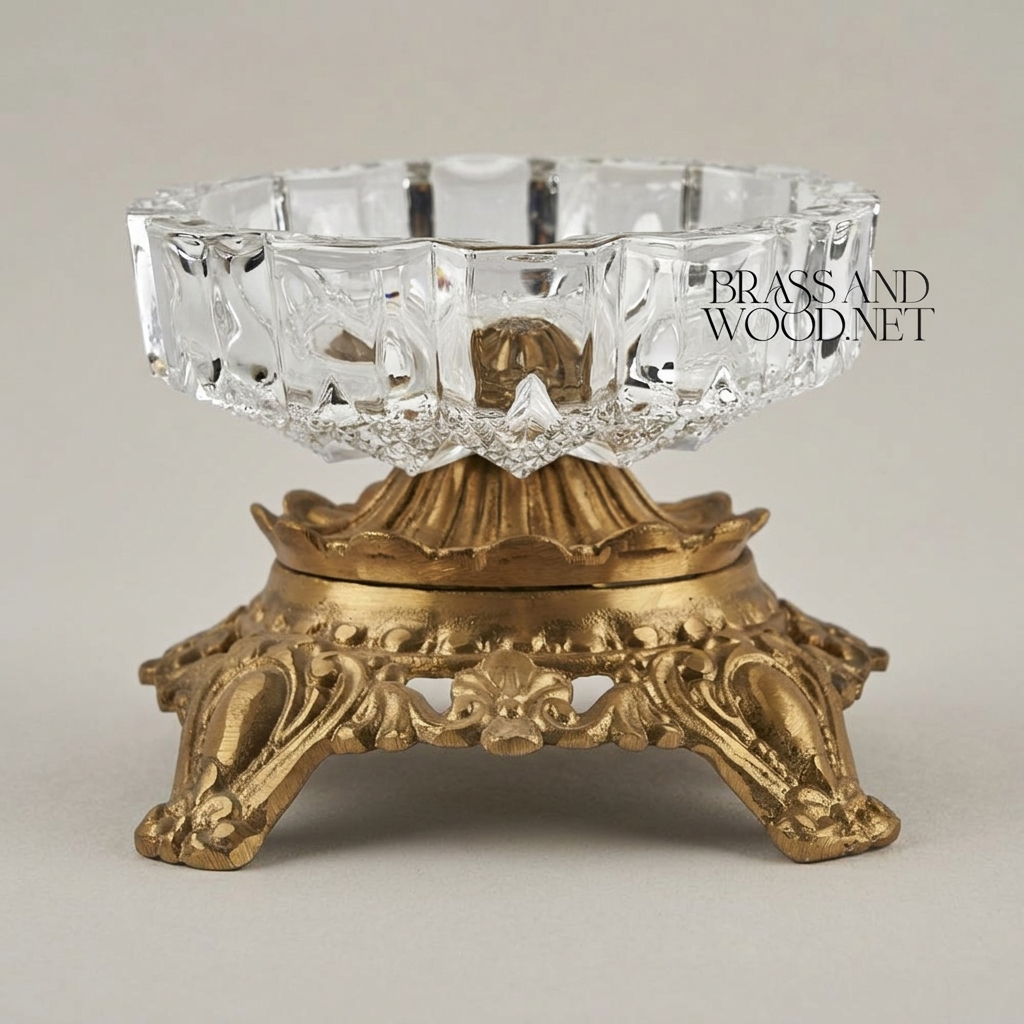 Baroque Scrollwork Brass & Crystal Ashtray with Acanthus Claw-Foot Stand — Antique Gold