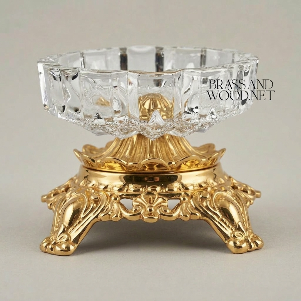 Baroque Scrollwork Brass & Crystal Ashtray with Acanthus Claw-Foot Stand