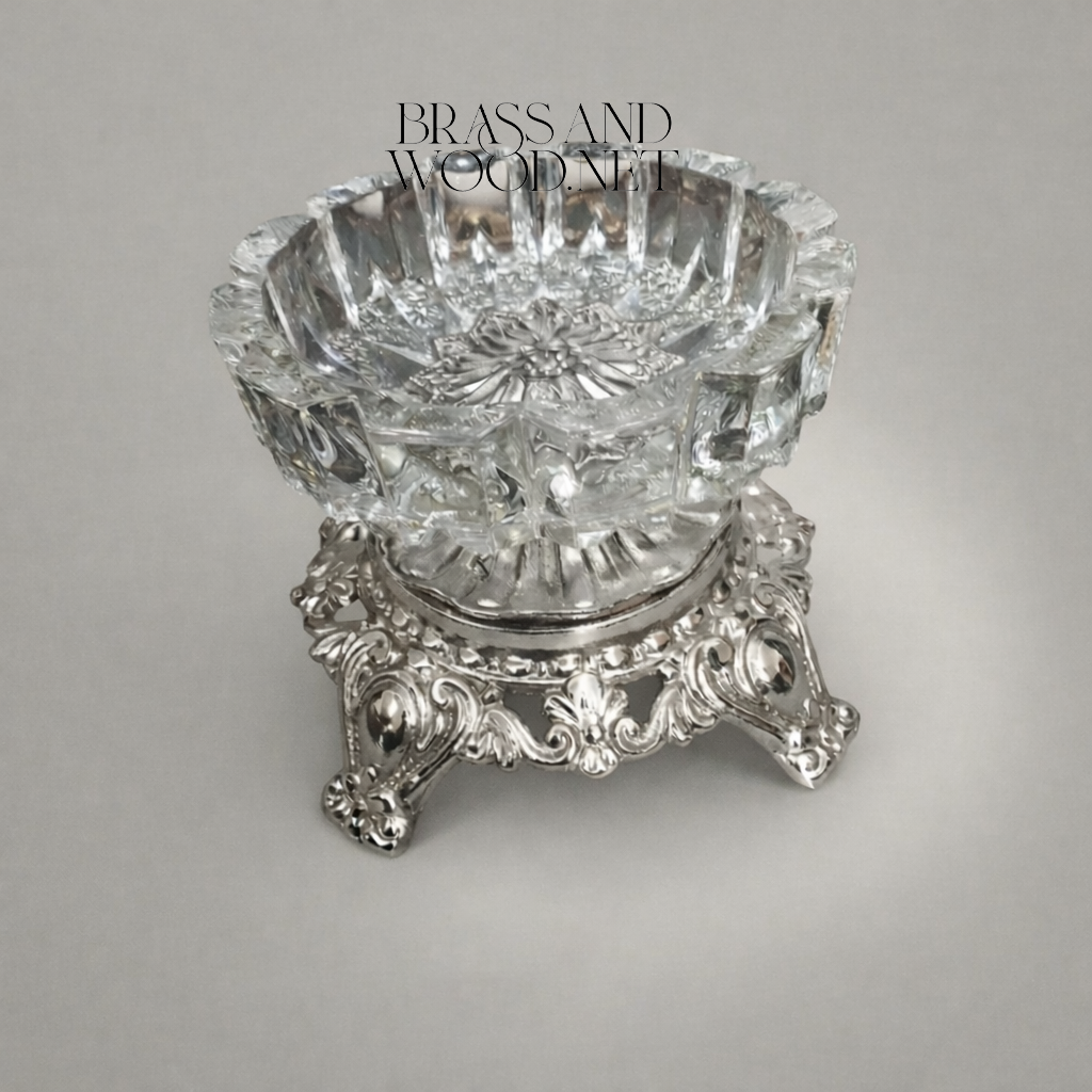 Baroque Scrollwork Brass & Crystal Ashtray with Acanthus Claw-Foot Stand — Silver