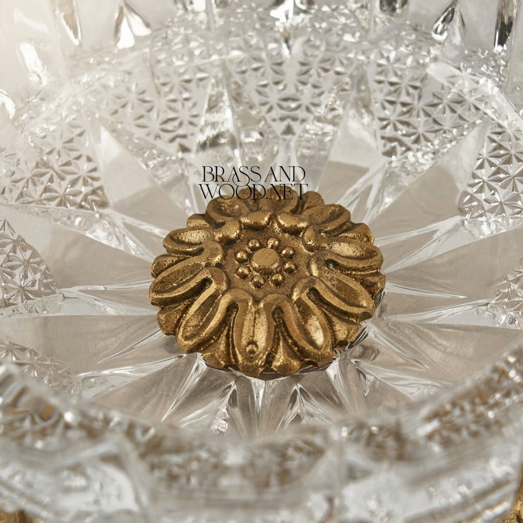 Baroque Scrollwork Brass & Crystal Ashtray with Acanthus Claw-Foot Stand — Antique Gold