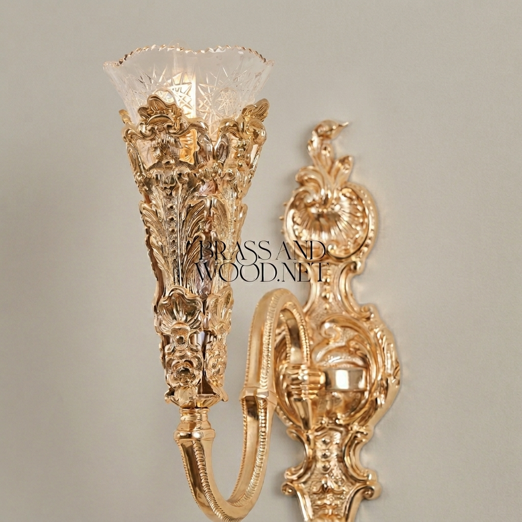 Baroque Torchère Brass Wall Sconce with Acanthus Relief & Cut-Glass Shade