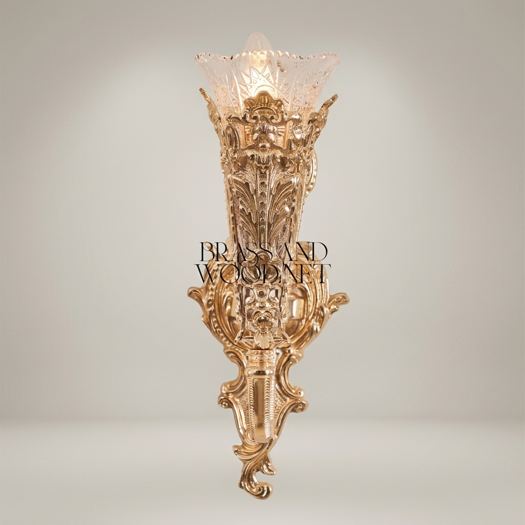 Baroque Torchère Brass Wall Sconce with Acanthus Relief & Cut-Glass Shade