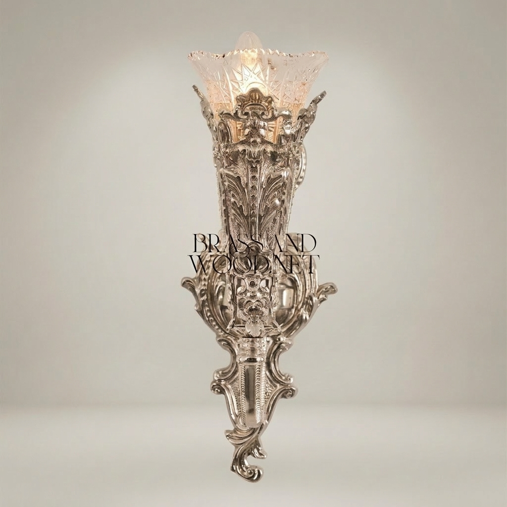 Baroque Torchère Brass Wall Sconce with Acanthus Relief & Cut-Glass Shade — Silver