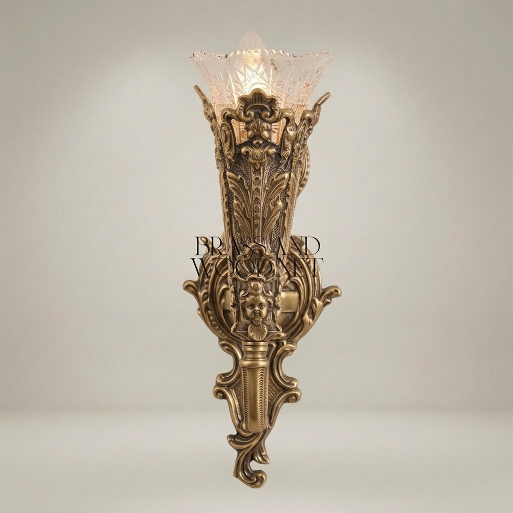 Baroque Torchère Brass Wall Sconce with Acanthus Relief & Cut-Glass Shade — Antique Gold