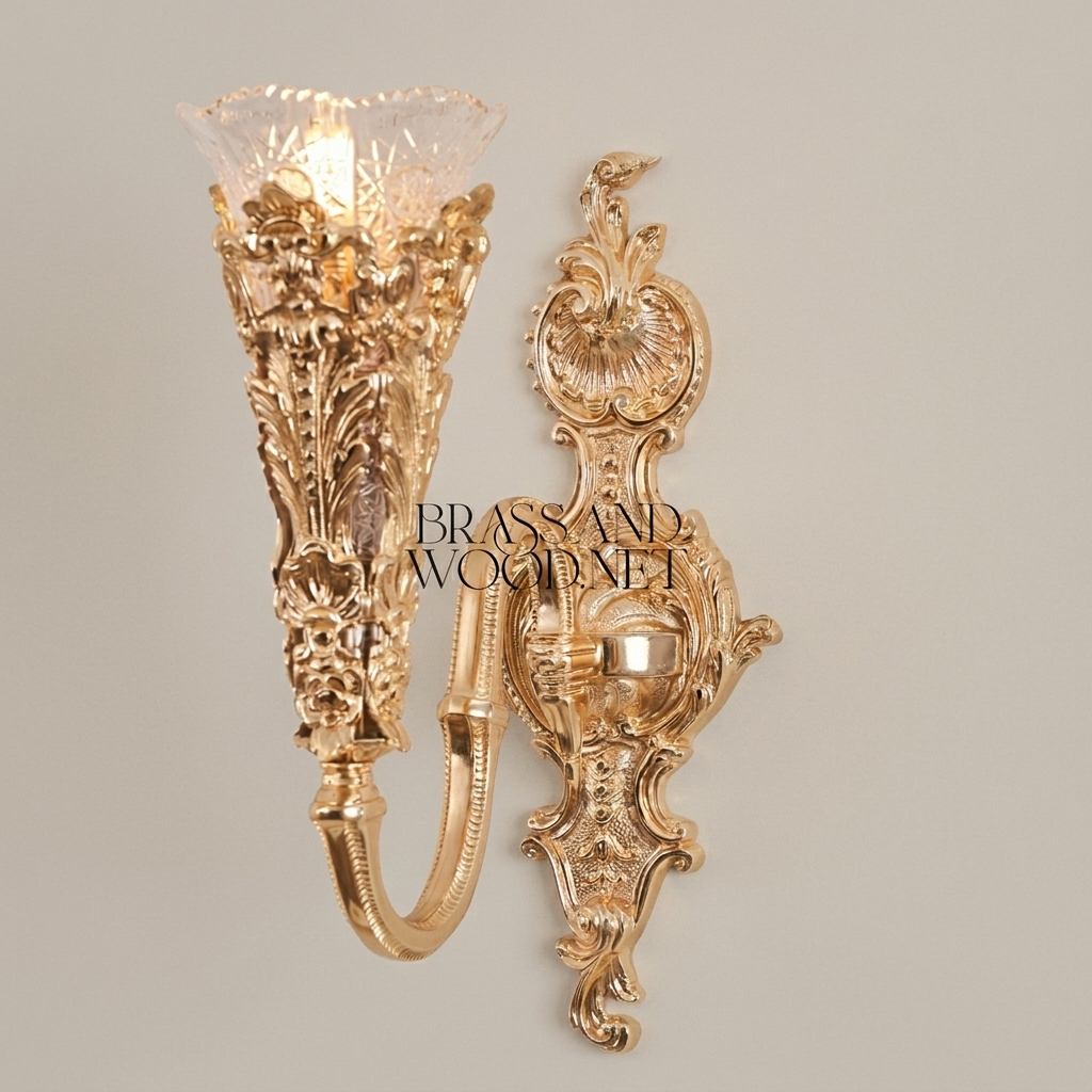 Baroque Torchère Brass Wall Sconce with Acanthus Relief & Cut-Glass Shade