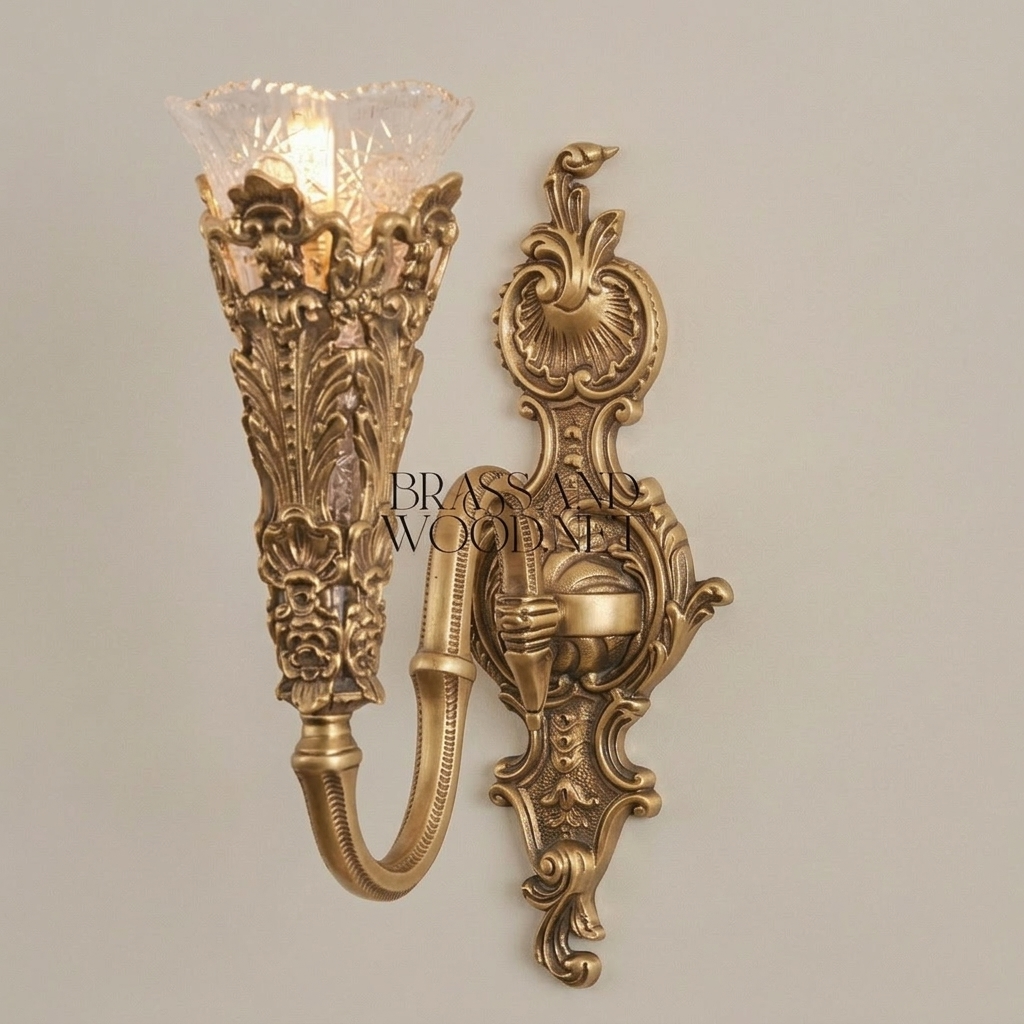 Baroque Torchère Brass Wall Sconce with Acanthus Relief & Cut-Glass Shade — Antique Gold