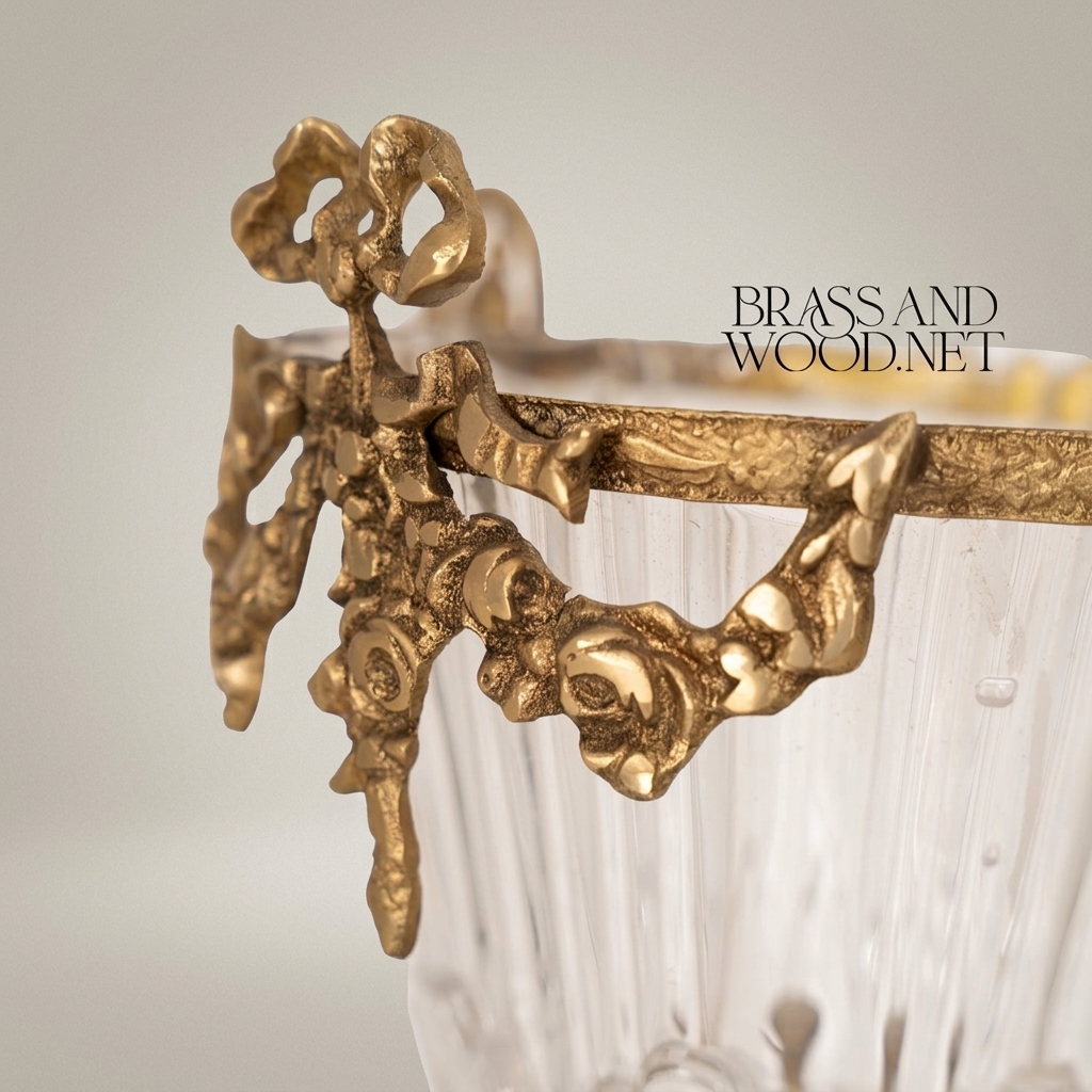 Baroque Trophy Cup Crystal & Brass Vase - Scrollwork Handles & Pierced Base — Antique Gold