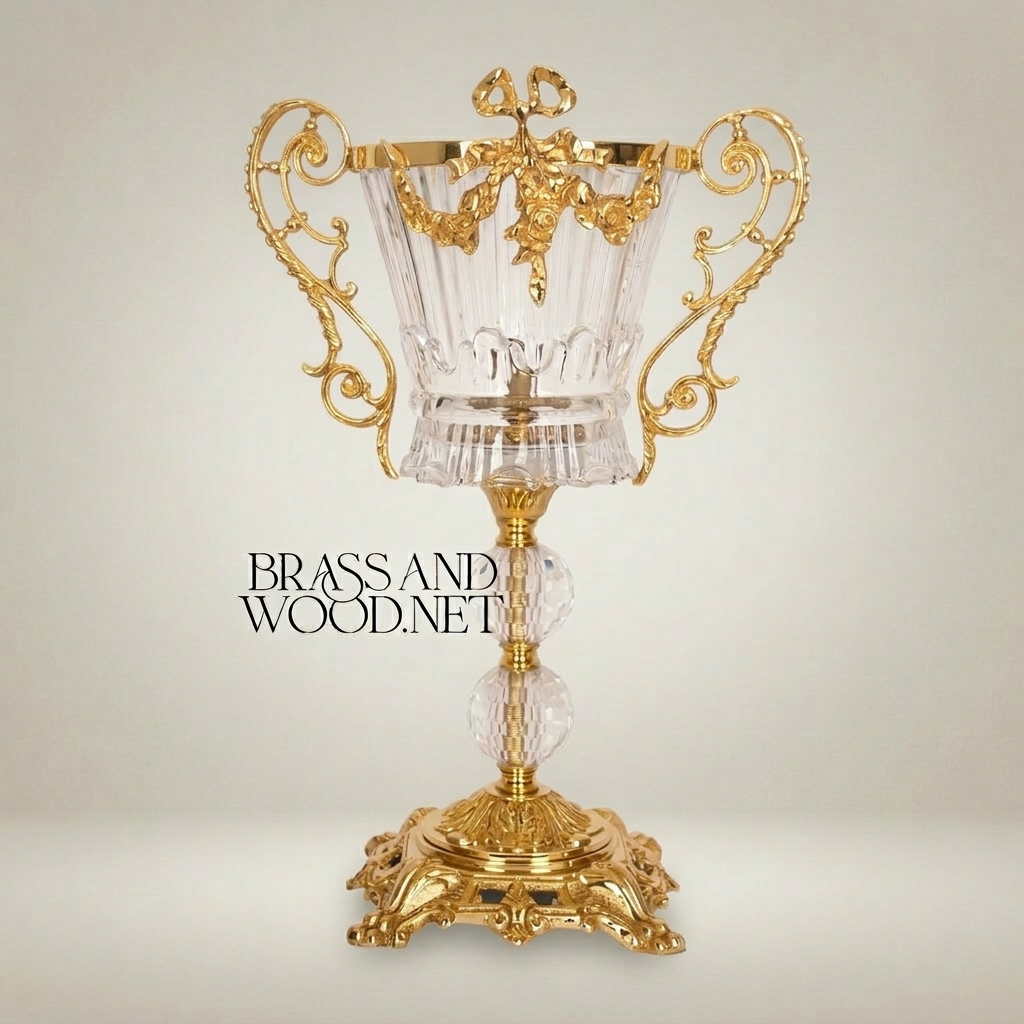 Baroque Trophy Cup Crystal & Brass Vase - Scrollwork Handles & Pierced Base