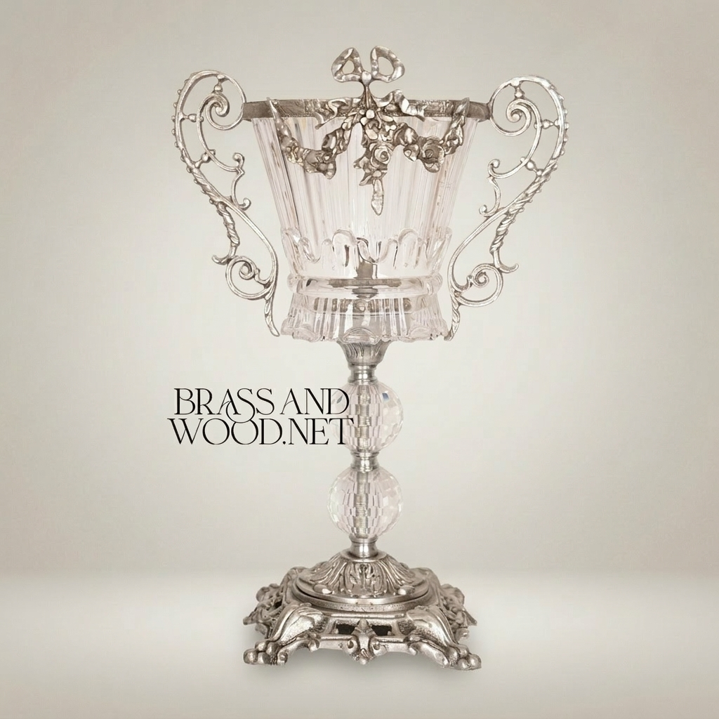 Baroque Trophy Cup Crystal & Brass Vase - Scrollwork Handles & Pierced Base — Silver