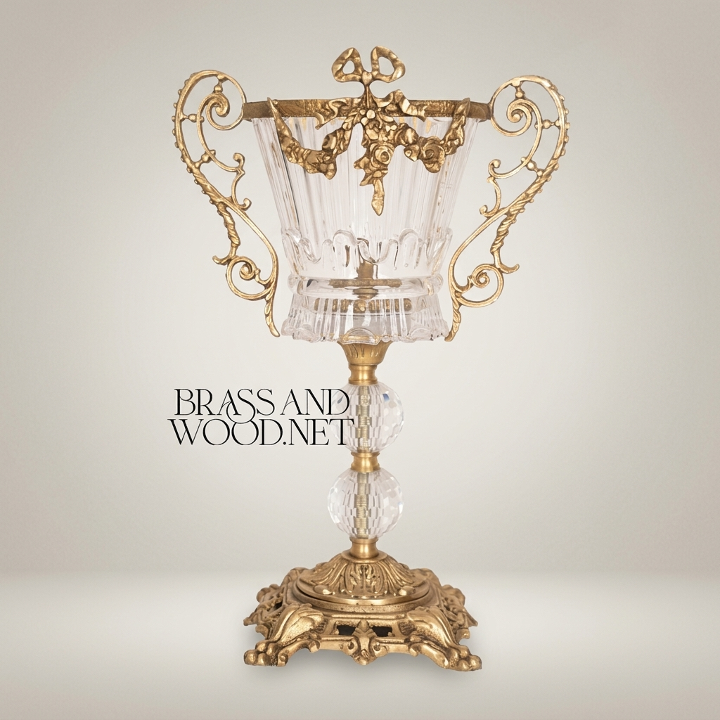 Baroque Trophy Cup Crystal & Brass Vase - Scrollwork Handles & Pierced Base — Antique Gold