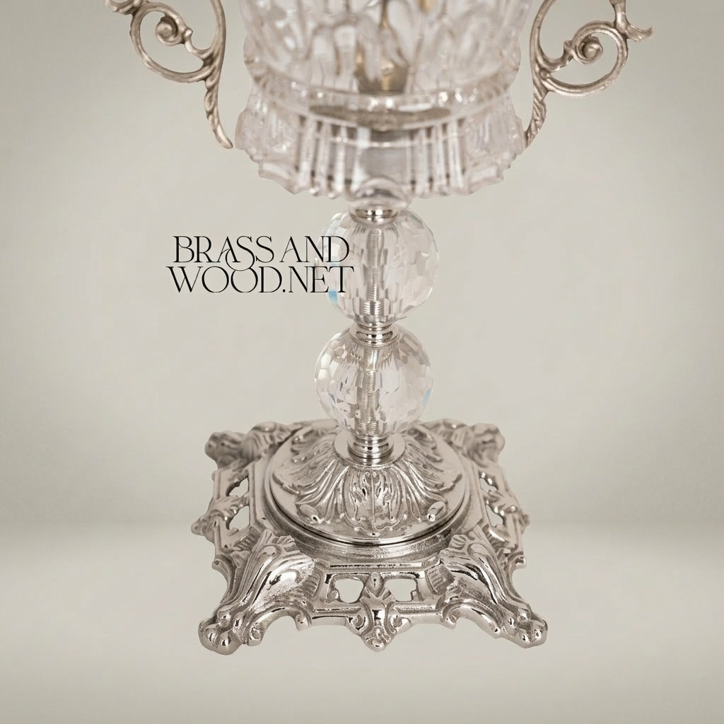 Baroque Trophy Cup Crystal & Brass Vase - Scrollwork Handles & Pierced Base — Silver