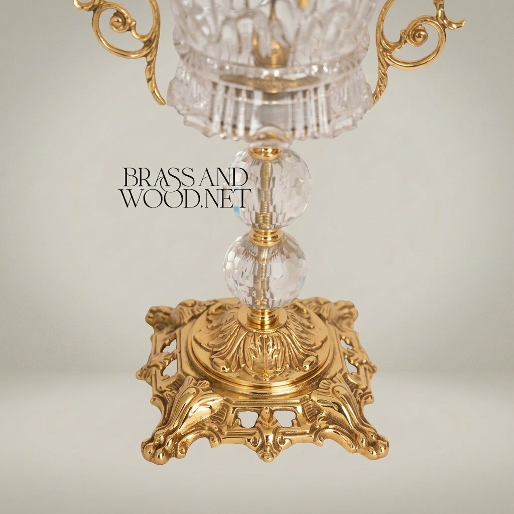 Baroque Trophy Cup Crystal & Brass Vase - Scrollwork Handles & Pierced Base