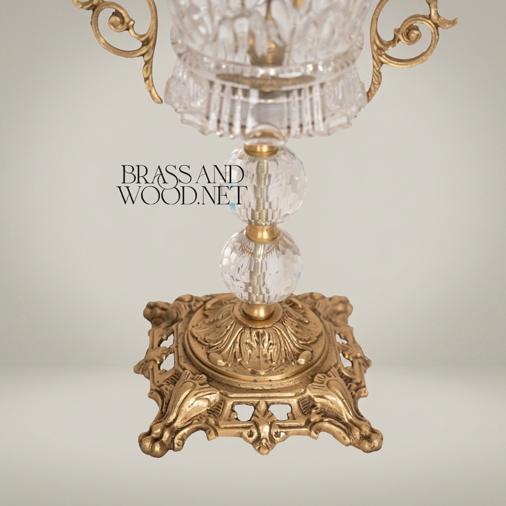 Baroque Trophy Cup Crystal & Brass Vase - Scrollwork Handles & Pierced Base — Antique Gold